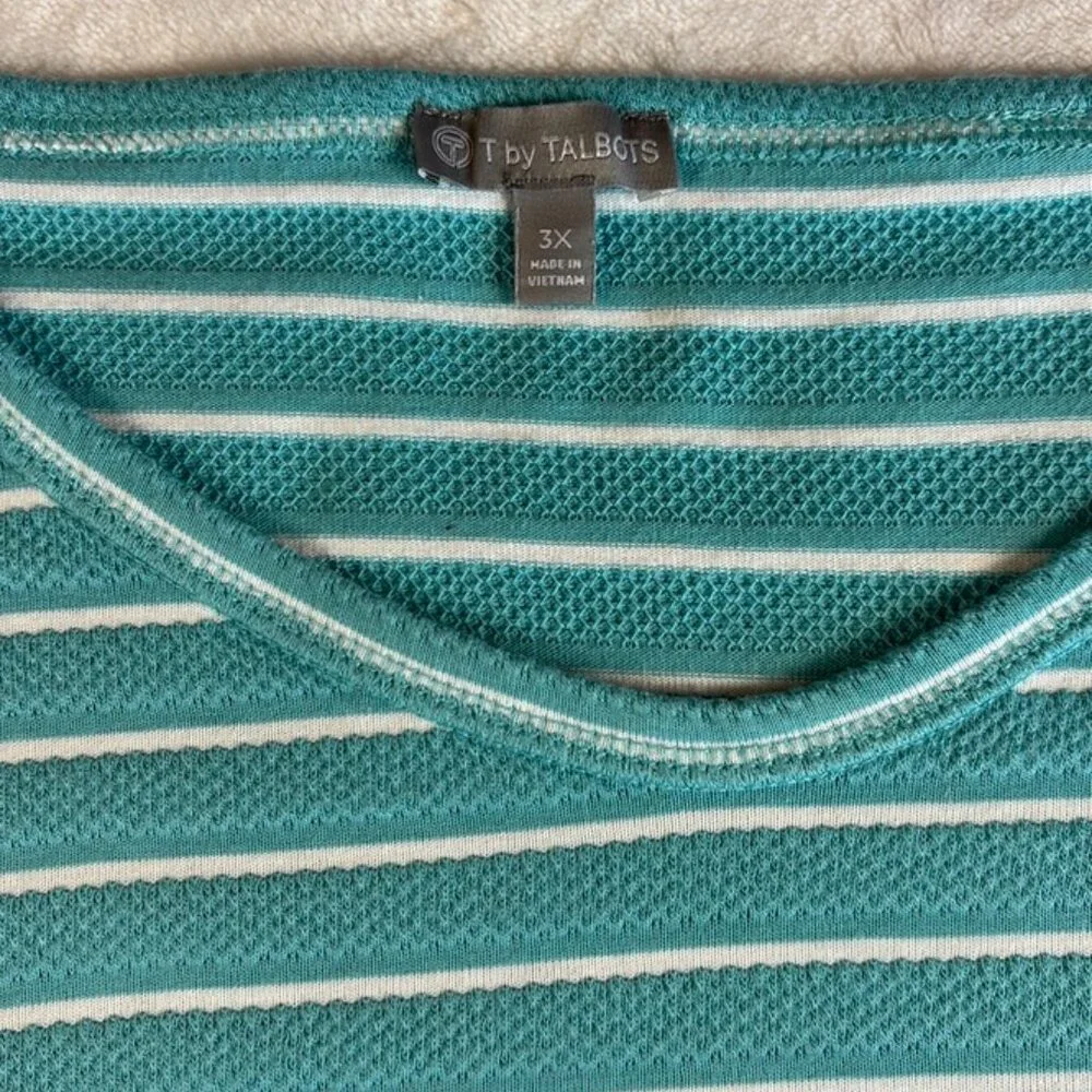T by Talbots Size 3X Turquoise and White Striped 3/4 Sleeve Tee - Picture 3 of 7